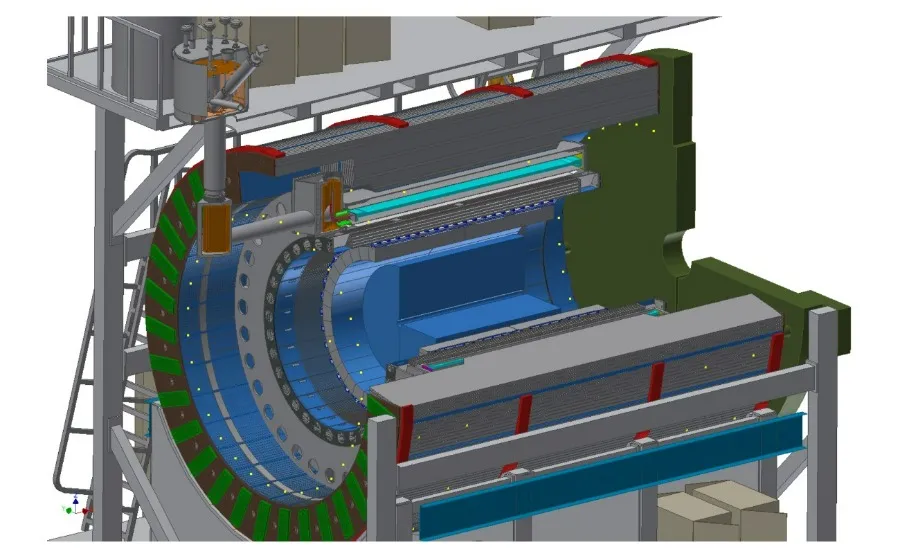 CAD cutaway of sPHENIX showing its concentric structure — tracking and electromagnetic/hadronic calorimeters nested inside the superconducting solenoid.