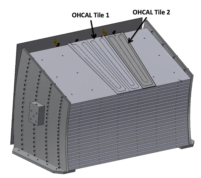 CAD of the hadronic-calorimeter outer-shell assembly prepared for beam testing.