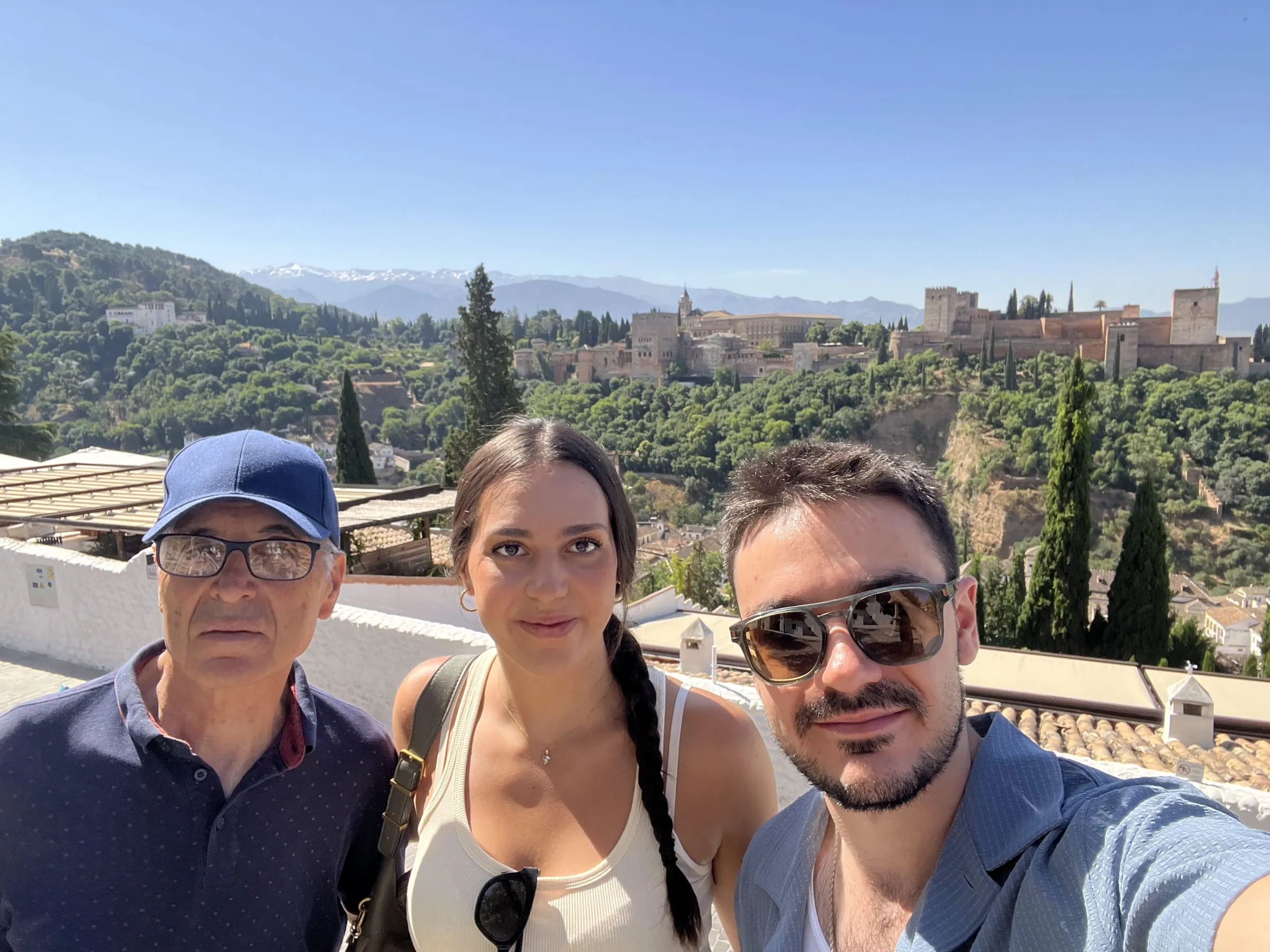 Granada — with my uncle and cousin, the Alhambra behind us